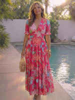 Cargar imagen en el visor de la galería, Aurora | Vestido midi con estampado floral de manga corta y escote en V