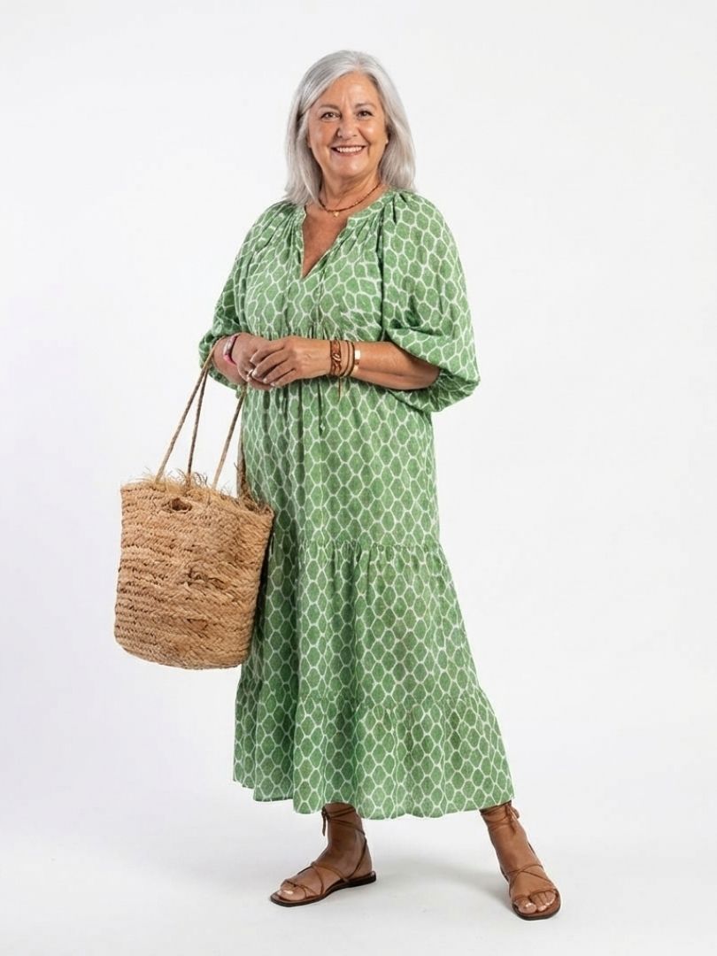 Mercedes | Vestido midi estampado con manga tres cuartos y escote en V
