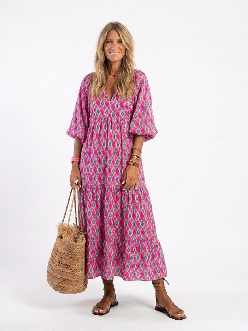 Mercedes | vestido midi estampado con manga tres cuartos y escote en v