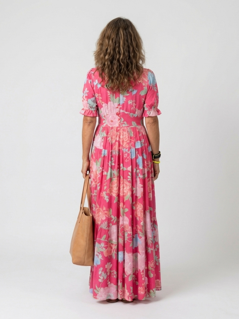 Aurora | Vestido midi con estampado floral de manga corta y escote en V