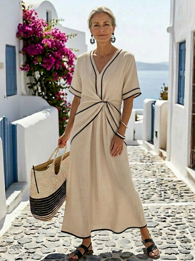 Inma | Vestido midi con escote en V y manga corta, cintura fruncida