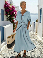 Cargar imagen en el visor de la galería, Inma | Vestido midi con escote en V y manga corta, cintura fruncida
