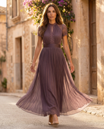 Cargar imagen en el visor de la galería, Flavia | Vestido largo morado con escote en forma de llave, borde de encaje de chiffon
